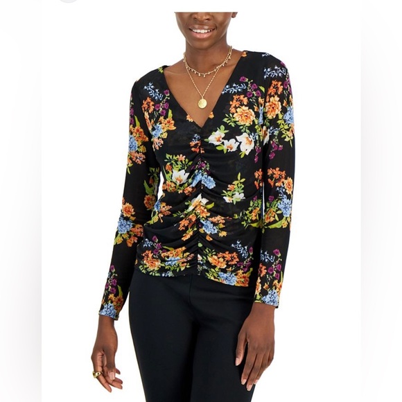 INC International Concepts Tops - INC Floral-Print Ruched-Center V-Neck
Mesh Top
